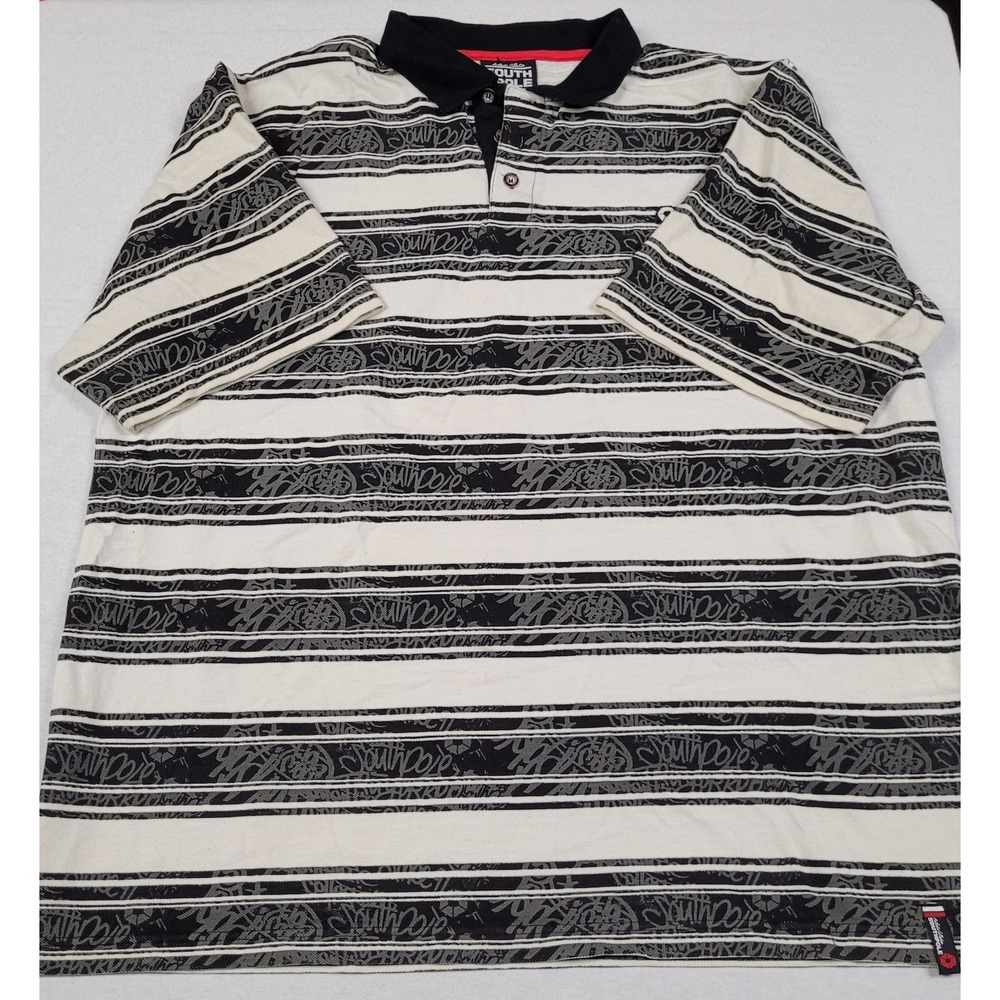 VTG Southpole Y2K All Over Print Striped Polo Shirt Black Cream Graffiti Men XXL